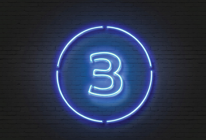 Number three in a circle in blue neon light on a black background 