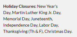 Locations Holiday Closures