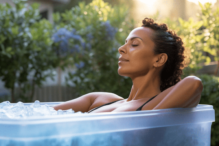 woman sits outdoors in tub full of ice