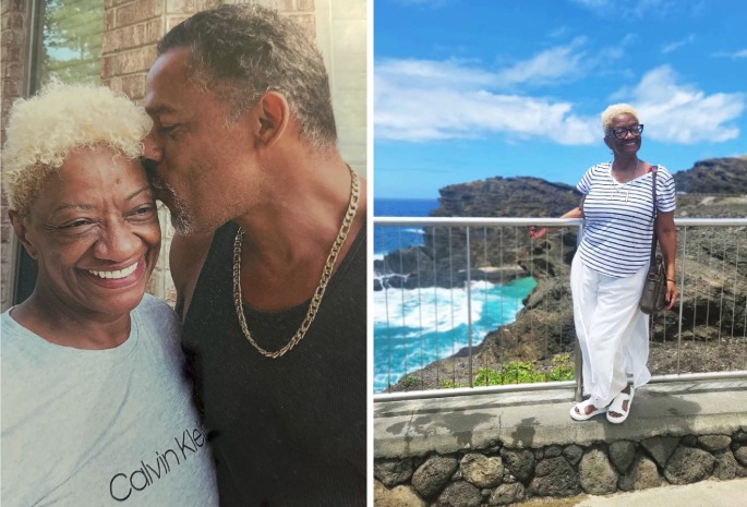 a photo of beverly and her husband beside a photo of beverly on vacation