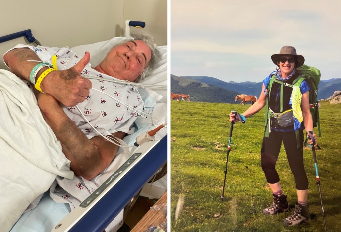 a photo of carol in the hospital beside a photo of carol hiking