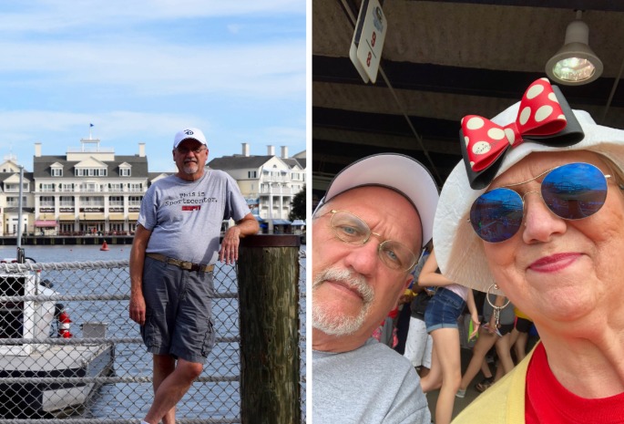 a collage showing the patient by a boat on the lake and the patient on vacation with his wife