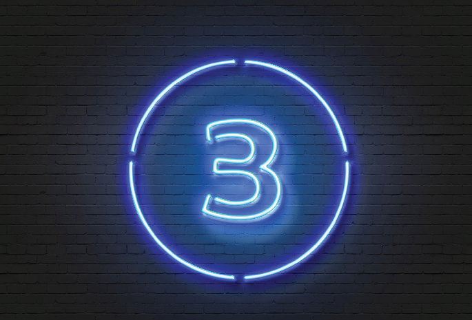 Number three in a circle in blue neon light on a black background